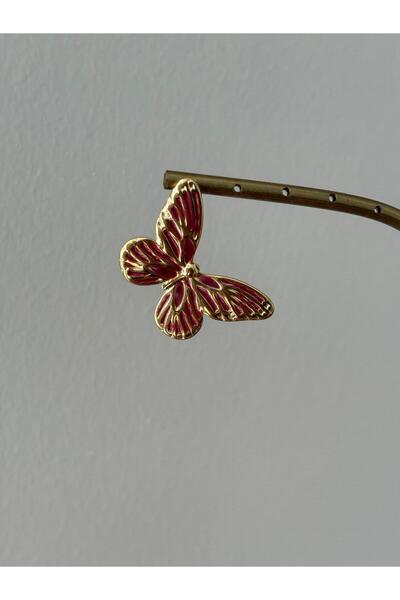 marsel aksesuar Butterfly Model Burgundy Color Vip Gold Steel Earrings