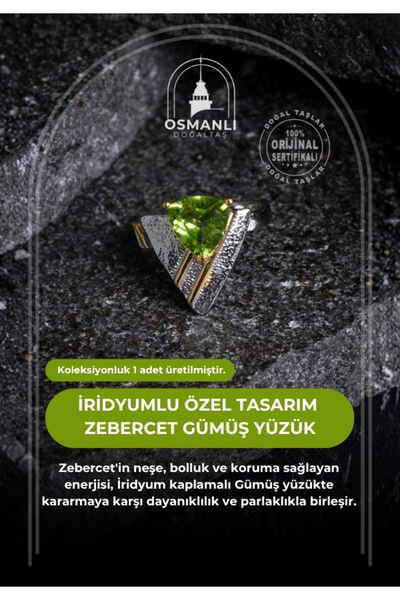OSMANLI DOĞAL TAŞ Sertifikalı Özel Tasarım İridyumlu Zebercet Gümüş Yüzük