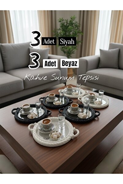 Dem Home 6 Adet Siyah Ve Beyaz Örgü Desenli Kahve Sunum Tepsisi Yuvarlak plastik Tepsi