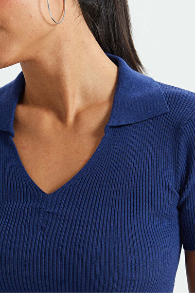 REDTAG Women Blue Short-Sleeved Sweater Polo