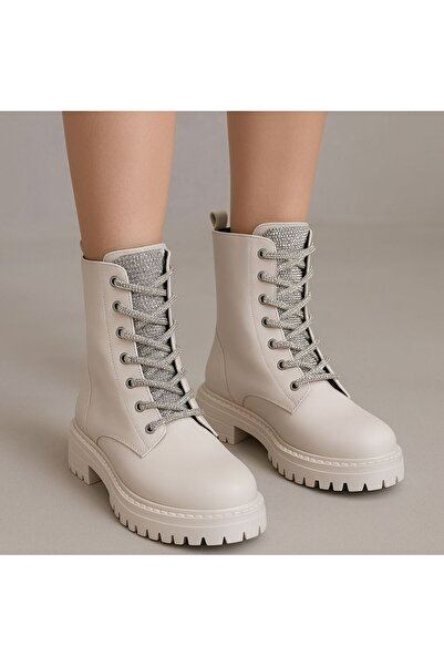defile ayakkabi Kadın Bej Rengi Taşlı Bot