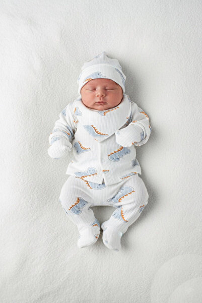 Çocuksan Baby&Kids Wear Erkek Bebek Mavi Dinazorlu Penye Hastane Çıkışı 5'li Set Takım - Zıbın, Organik Pamuk, Yumuşak
