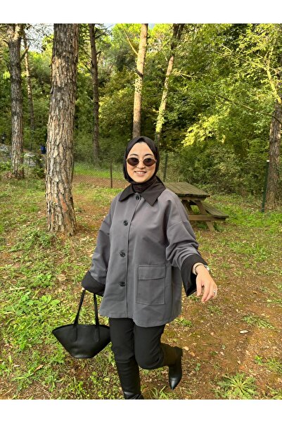 byalisdmr Garnili Çift Cepli Yumuşak Gabardin Kumaş Kısa Trenç -Antrasit