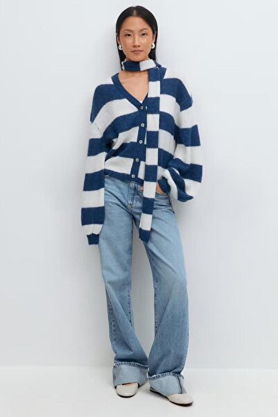 Madmext Lacivert Çizigli Atkılı Kadın Triko Hırka MG2588