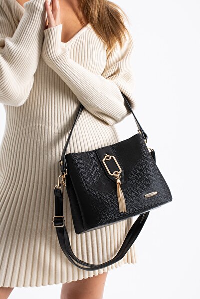 Paul Brand Women's Adjustable Long Strap Soft Leather Multi-Compartment Black Patterned Hand and Shoulder Bag Pbs1438