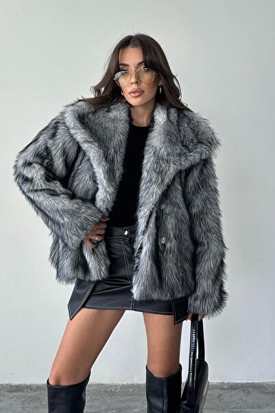 My Loore Kadın Kürk Kırçıllı Gri Kaban MLB092