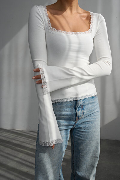 LOOSH Kadın Ekru Oval Yaka Dantel Detaylı Bluz