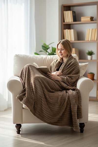 lissehome بطانية سوفت لاين بنية مخططة ناعمة وخفيفة 200x220 سم (مزدوجة)