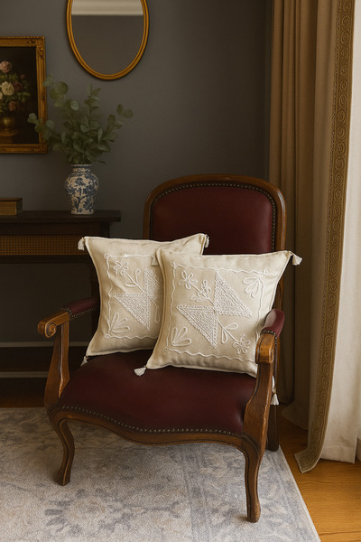 LUNGA VİTA (2 ADET) Buldan İşi Dokuma Kırlent Kılıfı %100 Pamuklu Güpürlü Dan...