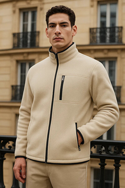 comstar Men's Winter Basic Zippered Pocket Cream Fleece Cardigan