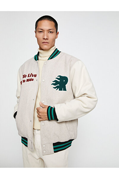 Koton College Jacket Bomber Collar with Embroidery Detail, Snap Buttons and Pockets