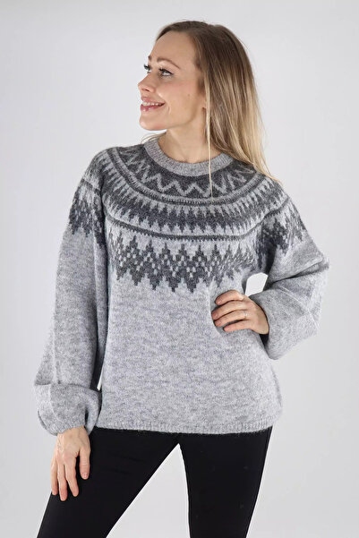 ONLY Women's Onlreykja Patterned Crew Neck Wool Sweater 15353221 Gray