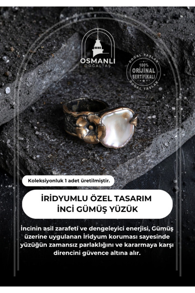 OSMANLI DOĞAL TAŞ Sertifikalı İridyumlu Gümüş İnci Özel Tasarım Yüzük