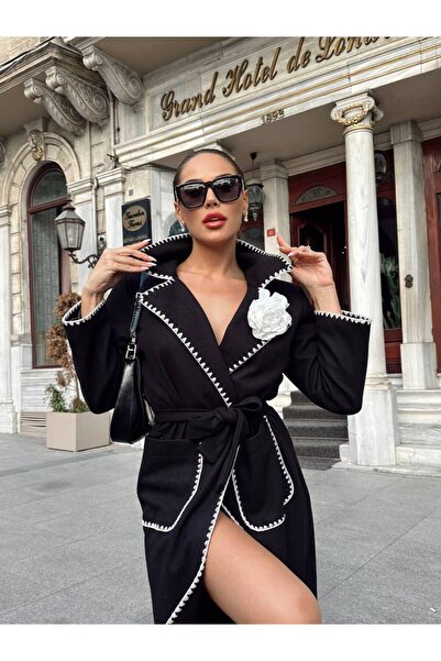 Siseniorita Elegant Women's Midi Coat, With Contrasting Trim and Floral Brooch Detail, Waist Belt