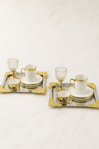 YzHome 2 Kişilik Porselen Platin Gold Fincan Takımı 2 Li Metal Sunum Tepsi 2 ...