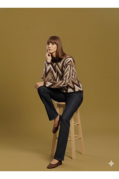 Lal Triko Zig Zag Patterned Turtleneck Sweater 12407