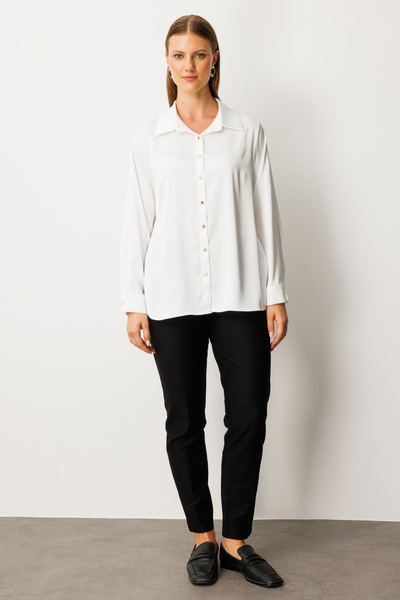 Ekol Γυναικείο Σατέν Πουκάμισο με Κουμπιά Μεγάλο Μέγεθος 3505 Εκρού