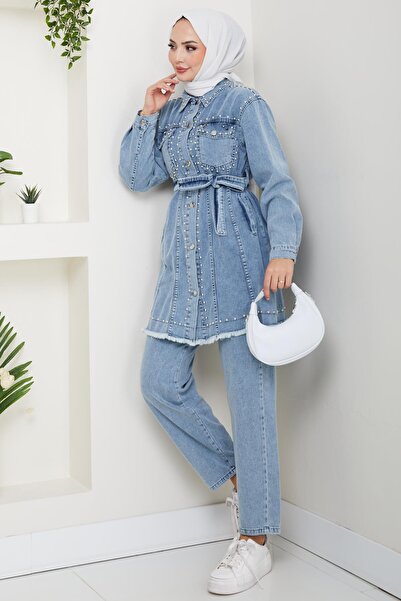 Hb Harma Time Butik Women's Pearl Detailed Belted Blue Denim Suit