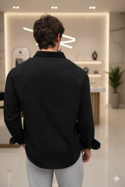 Mamlay Summer Textured Black Half Oversized Men's Linen Shirt