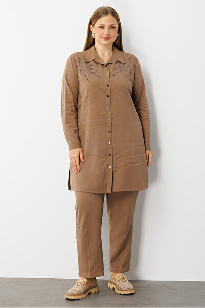 Moda İlgi Women's Plus Size Front Robe Leaf Patterned Stone Tunic 0301 Mink