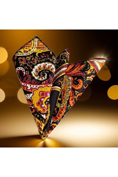 Exve Exclusive Multi-Colored Shawl Pattern Print on Black Pes Pocket Collar Handkerchief