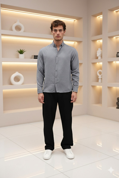 Mamlay Summer Textured Gray Half Oversized Men's Linen Shirt
