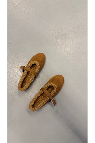 Eataly Shoes حذاء باليرينا أساسي من جلد الغزال البني مع فرو من الداخل