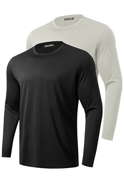 GHASSY CO. 2-Pack Men's 100% Cotton Stretch Fabric Sports Running Casual Training Long Sleeve Combed Cotton T-Shirt