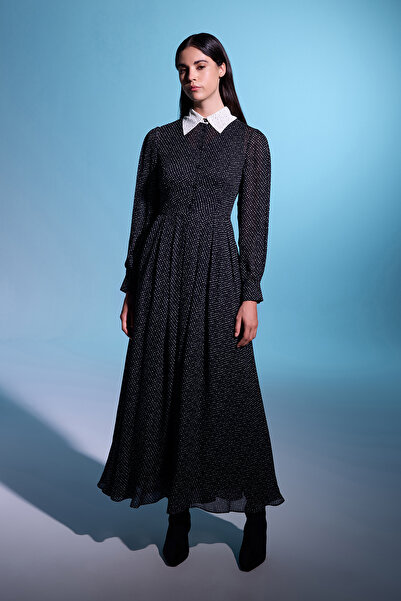 Jus De Pommes SİYAH BEYAZ PUANTİYELİ GÖMLEK YAKA UZUN KOLLU UZUN ELBİSE