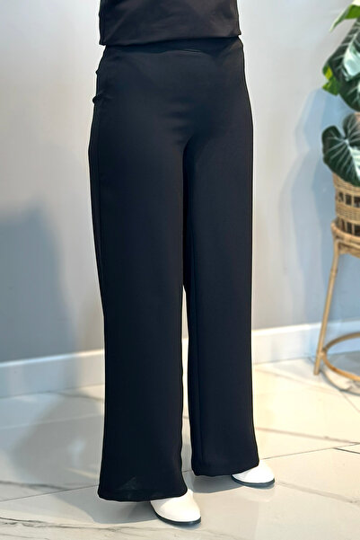 Lale Butik Crepe Fabric Wide Leg Trousers 16008 Black