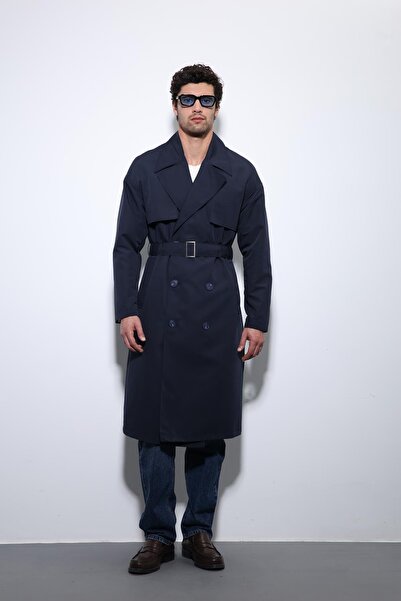 Antioch Navy Blue Double-Breasted Closed Belted Trench Coat