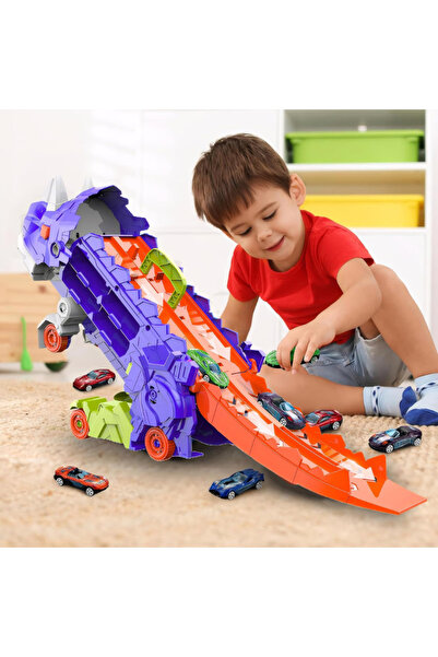 LUDIRO 2-in-1 Dinosaur Transport Truck and Launch Ramp with 2 Cars, + 3 Years, Blue