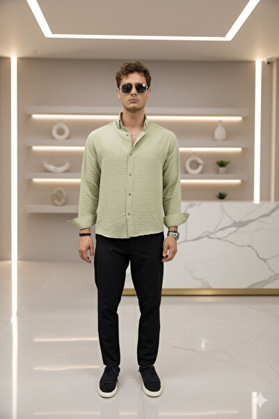 Mamlay Ανδρικό λινό πουκάμισο με καλοκαιρινή υφή Green Half oversized