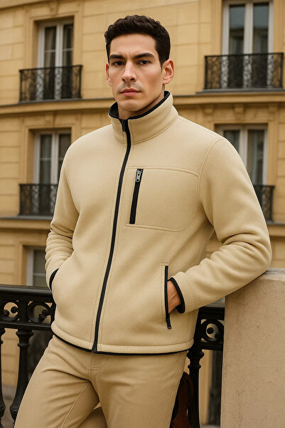 comstar Men's Winter Basic Zippered Pocket Cream Fleece Cardigan