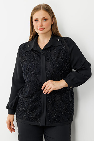 Moda İlgi Women's Plus Size Leaf Patterned Bead Detailed False Sleeve Shirt 0052 Black