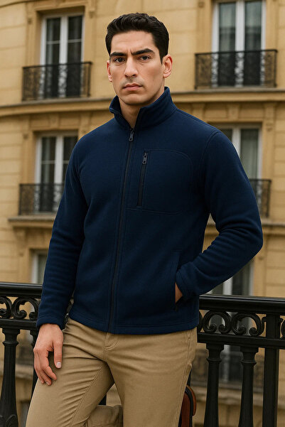 comstar Ανδρική χειμερινή βασική ζακέτα με φερμουάρ και τσέπες σε μπλε ναυτικό φλις