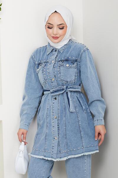 Hb Harma Time Butik Women's Pearl Detailed Belted Blue Denim Suit