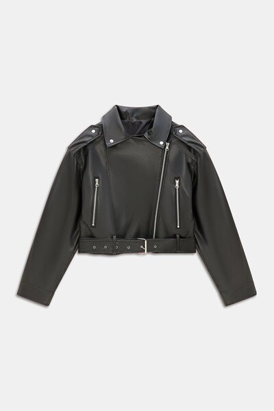 Saade Siyah Kadın Relax Fit Gömlek Yaka Fermuarlı Cepli Kemerli Suni Deri Bik...