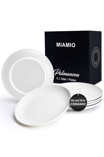 MIAMIO Set of 6 Dinner Plates, Palmanova collection, ceramic, White, 26 cm