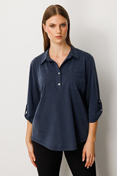 ON Women's Plus Size Collar Buttoned Pocket Detailed Blouse 61356 Indigo