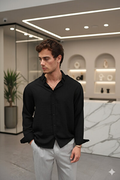 Mamlay Summer Textured Black Half Oversized Men's Linen Shirt