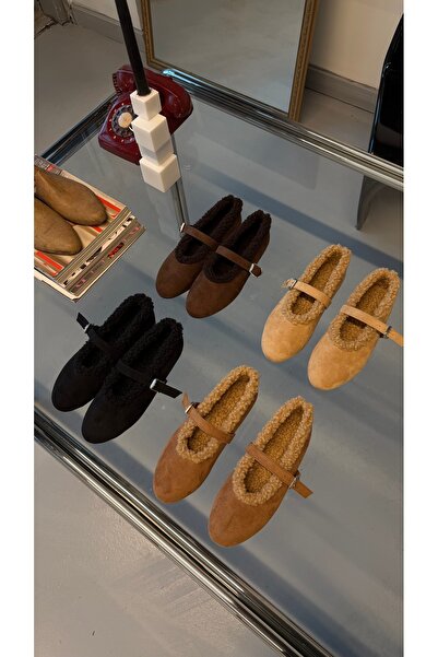 Eataly Shoes Μπεζ σουέντ μπαλαρίνες με επένδυση από γούνα