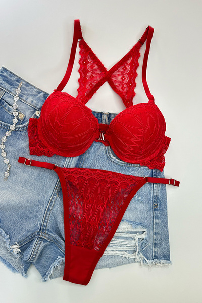 Morensa Front Opening Butterfly Detailed Supported Lace Lingerie Set Red