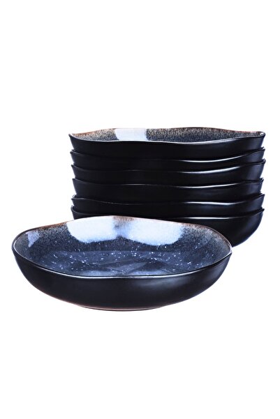 BJORN Set of 6 Deep plates, Iris collection, glazed ceramic, Ø22.5 cm, Night blue