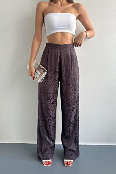 Hisleria Leopard Pattern Viscose Fabric Satin Trousers with Elastic Back and Side Zipper