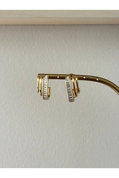 marsel aksesuar Triple Look Baguette Stone Detail Elegant Gold Steel Earrings