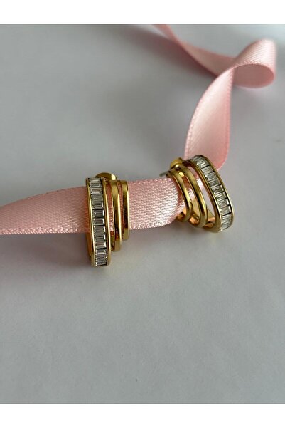 marsel aksesuar Triple Look Baguette Stone Detail Elegant Gold Steel Earrings