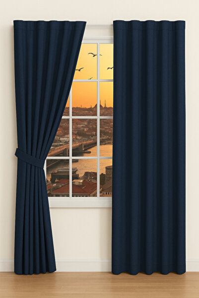 MRC Tekstil Navy Blue Lightproof Thermal Cornice Blackout Satin Curtain Enxboy
