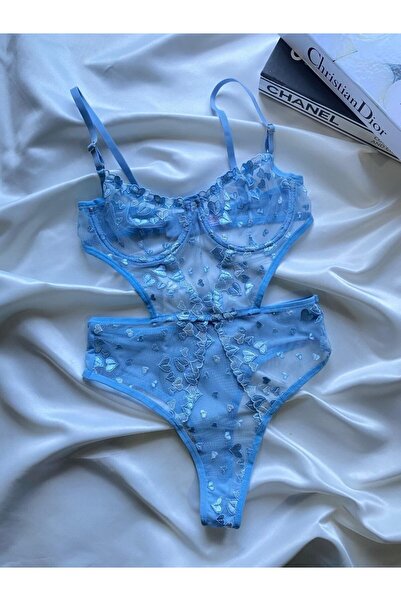 Vixera Lingerie BRODE BODYSUİT - Mavi Kalpli Büstiyer Özel Günlere