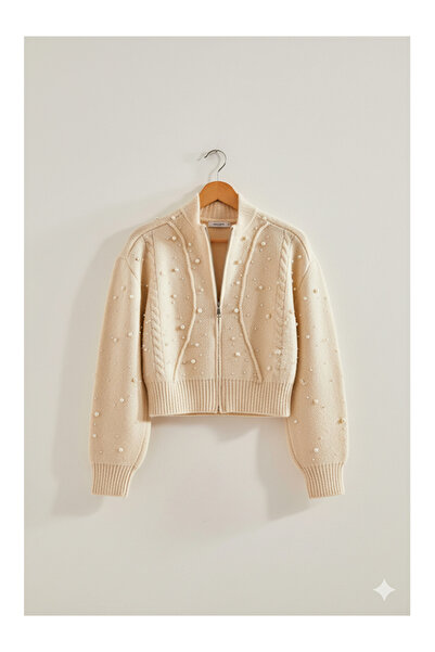 Namaste Vintage Pearl Detailed Beige Color Zipper Acrylic Cardigan